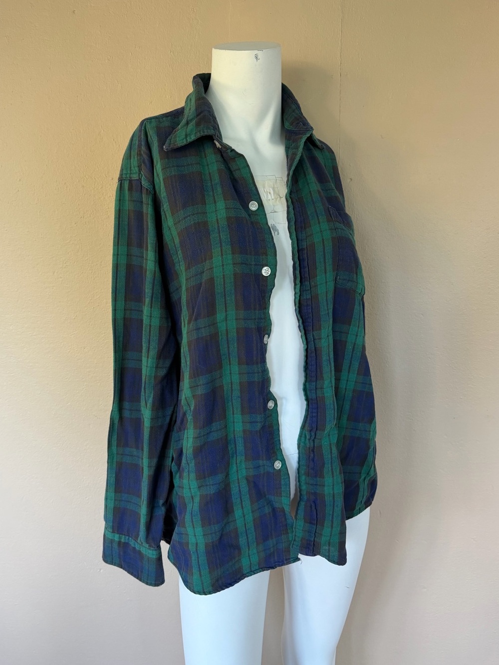 90’s Grunge Green & Blue Flannel Shirt | Vintage Plaid Button Up Top